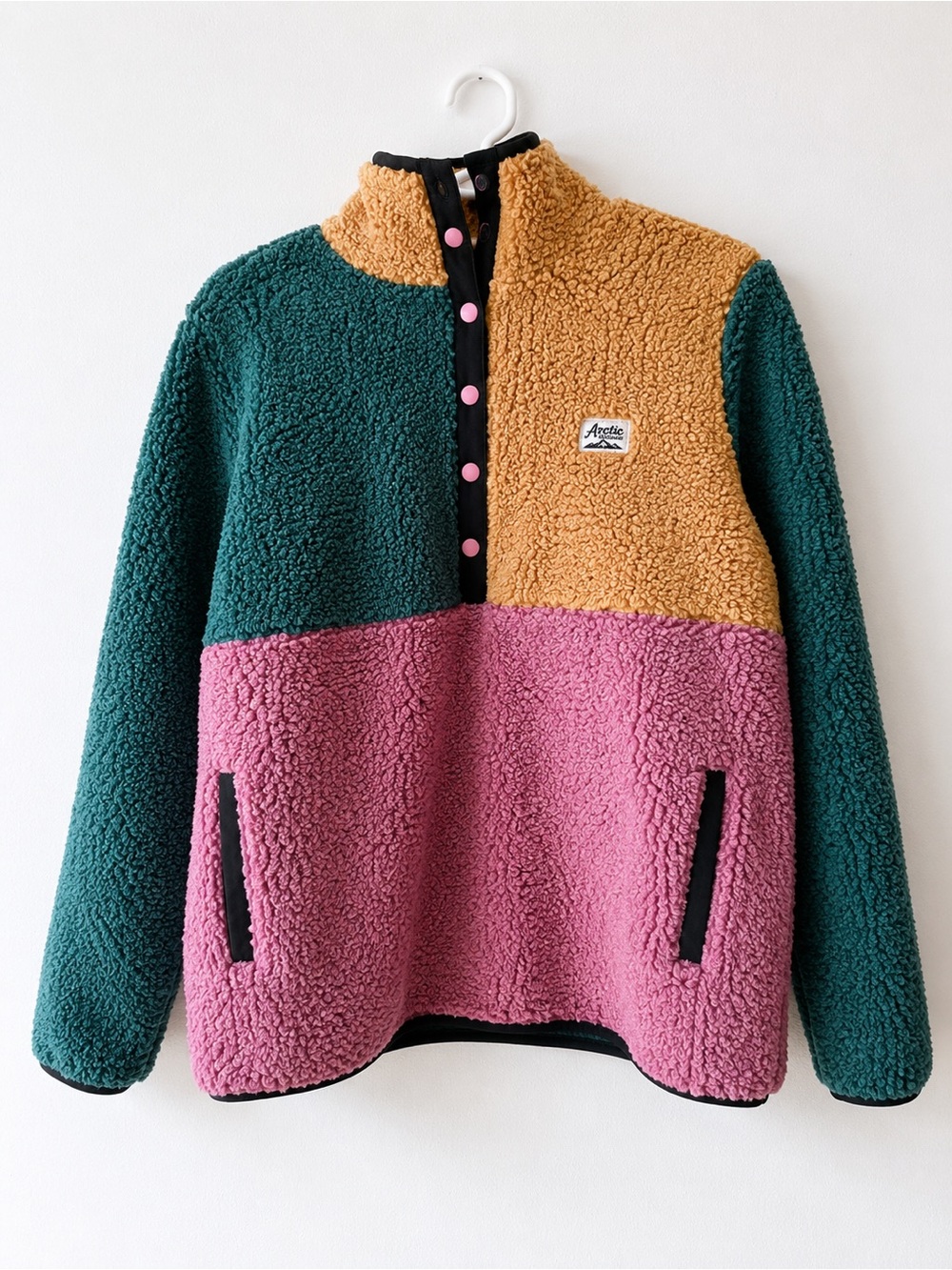 Arctic Colorblock Sherpa Pullover Jacket - Teal, Pink & Mustard